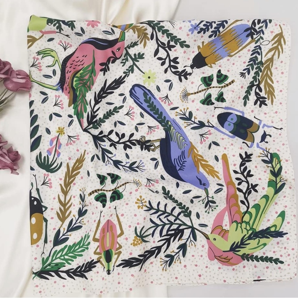 Silk Bird Print Head Scarf 35" Square Silk Hair Wrap